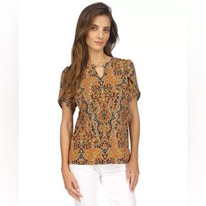 MICHAEL KORS Black, Beige & Orange Printed Gold Chain Petal Sleeve Top | Size XL